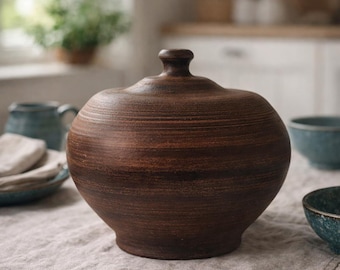 Large Handmade Clay Cooking Pot 3.5L – Rustic Terracotta Oven Dish with Lid, Ceramic Stew / Soup Pot, Farmhouse Kitchen Cookware