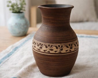 Rustic Terracotta Vase Jug – Handmade Clay Farmhouse Decor, Minimalist Earthenware Pottery, Natural Home Accent 2L