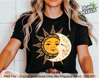 Celestial Sun and Moon PNG: Boho Clipart (Digital Download)