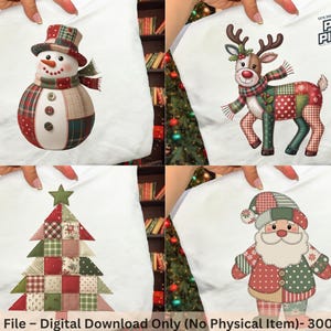 Christmas Patchwork PNG Design: Santa, Reindeer, Snowman, Tree (Digital Download, 4 Designs)