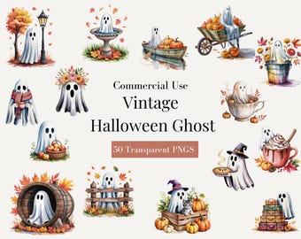 Vintage Halloween Ghost PNG Bundle: 50 Spooky Clipart Images (Commercial Use