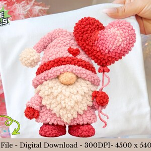May include: A white t-shirt featuring a whimsical gnome design. The gnome is dressed in pink and red, holding a heart-shaped balloon. The text "PURE PIXELS" is visible in the upper left corner. The image is a digital download.