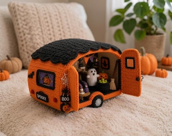 Wzór szydełkowy na upiorną przyczepę kempingową – Wzór na furgonetkę Amigurumi na Halloween – Dekoracja szydełkowa na Halloween – Plik cyfrowy (wzór PDF)