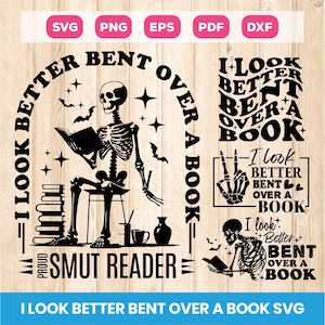 Może przedstawiać: Czarno-biały projekt graficzny przedstawiający szkielet czytający książkę z tekstem "I Look Better Bent Over A Book" i "Proud Smut Reader".