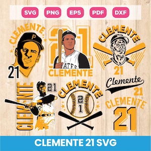Könnte beinhalten: Eine Sammlung von Clemente-Baseball-Themen-SVG-Grafiken in Schwarz, Weiß und Gold. Die Designs umfassen Porträts, die Nummer 21, Baseballschläger und den Namen "Clemente". Das Bild enthält auch Dateityp-Labels.