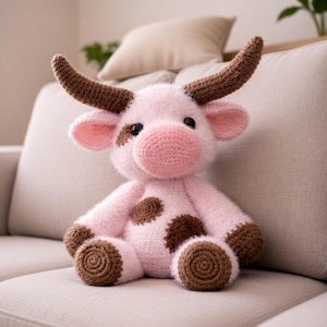 May include: A handmade pink crochet cow stuffed animal with brown spots, horns, and hooves. The cow has a pink snout and ears, and is sitting on a beige couch. A cute and cuddly plush toy.
