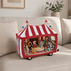 Può includere: Un giocattolo a forma di tendone da circo all'uncinetto con strisce verticali rosse e bianche, un tetto con piccole bandiere triangolari e quattro ruote nere. All'interno, un clown e un elefante all'uncinetto circondati da piccoli peluche.