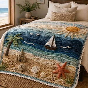 Puede incluir: Una manta de ganchillo texturizada que presenta una escena de playa con una orilla arenosa, un océano azul, una palmera, un velero, un sol, un castillo de arena, conchas marinas y una estrella de mar. El diseño incorpora elementos tridimensionales en relieve en tonos azules, beige y amarillos, con un borde festoneado blanco.