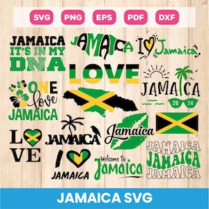 Könnte beinhalten: Eine Sammlung von Jamaica-Themen-SVG-Grafiken in Grün, Gelb und Schwarz. Designs beinhalten die jamaikanische Flagge, das Wort "Jamaika" in verschiedenen Schriftarten und Sätze wie "One Love Jamaica" und "Jamaica in my DNA."