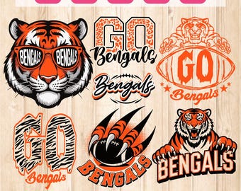 Puede incluir: Una colección de gráficos SVG con temática de los Bengals en naranja y negro. Los diseños incluyen un tigre con gafas de sol, las palabras "Go Bengals", un balón de fútbol y garras de tigre. El texto "GO BENGALS SVG" está en la parte inferior.