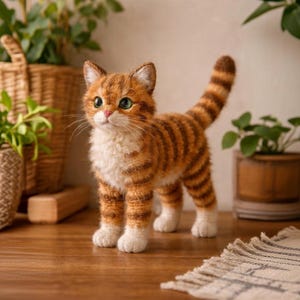 Peut inclure: Figurine de chat tabby orange faite à la main, avec des rayures marron et des pattes blanches. Le chat a des yeux verts, un nez rose et des moustaches. La figurine est un objet décoratif.
