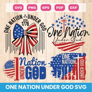 Könnte beinhalten: Eine Sammlung patriotischer SVG-Designs mit dem Schriftzug „One Nation Under God“. Die Designs umfassen eine Schleife mit Sternen und Streifen, ein Kreuz mit Sternen und stilisierten Text. Die Designs sind in Rot, Weiß und Blau gehalten.