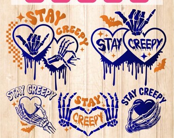 Stay Creepy Svg Bundle, Retro Dripping Heart Svg, Heart Halloween Svg, Spooky Skeleton Hand Svg, Grunge Horror Png, Horror Sublimation, Png