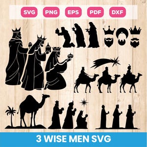May include: Black silhouette images of the Three Wise Men, including figures on camels, kneeling figures, and crowns. The image also includes the text "3 WISE MEN SVG" at the bottom, along with file type icons.