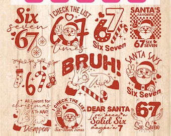 Könnte beinhalten: Eine Sammlung roter, weihnachtlicher SVG-Designs. Die Designs umfassen die Zahlen 67, den Weihnachtsmann, Zuckerstangen und verschiedene Sätze wie "Six Seven", "Check the List" und "Santa's Favorite". Der Text "67 Six Seven Christmas SVG" steht unten.