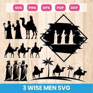 Könnte beinhalten: Schwarz-weiße SVG-Designs mit den Heiligen Drei Königen, einschließlich Silhouetten der Figuren, Kamele und Palmen. Das Bild enthält den Text "3 WISE MEN SVG" und Dateityp-Symbole.