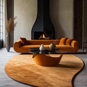 Modern Abstract Irregular Shape Golden Premium Woolen Hand Tufted Area Rug Handmade For Living, Dining, Kids, Bedroom And Home
