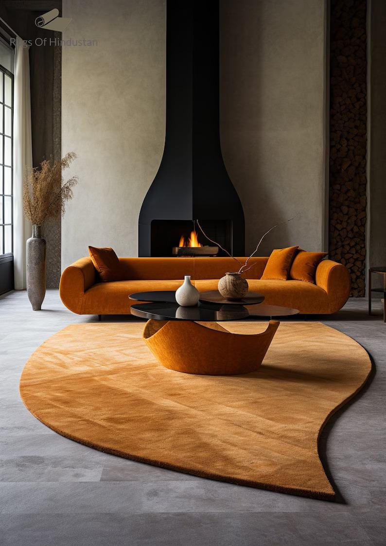 Modern Abstract Irregular Shape Golden Premium Woolen Hand Tufted Area Rug Handmade For Living, Dining, Kids, Bedroom And Home