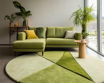 Modern Abstract Soothing Green Color Circle High and Low Pile Rug Handmade Hand Tufted Area Rug for living room and office