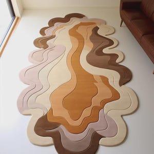 Modern Irregular Shape Premium Beige And Brown Woolen Hand Tufted Area Rug Handmade For Living And Dining Room, Bedroom And Home