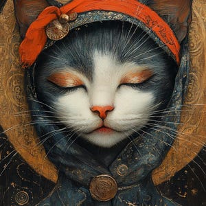 Puede incluir: Una pintura de un gato con los ojos cerrados que lleva un pañuelo rojo y azul con detalles dorados. El gato está rodeado de un fondo dorado y azul con intrincados patrones.