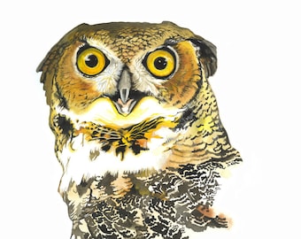 May include: A watercolor painting of an owl with large yellow eyes. The owl is looking directly at the viewer with its mouth slightly open. The owl's feathers are brown, black, and white.