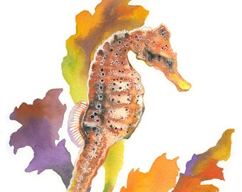 Seahorse / Fish Watercolor Art / Limited Edition Double-matted GICLEE PRINT / Painting titled "Equine Colors"