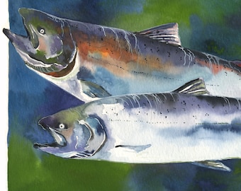 Salmón Chinook / Arte en gouache de peces / Impresión giclée de edición limitada con doble passepartout / Pintura titulada "Reyes del Oeste"