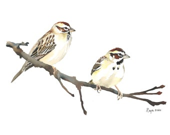 Lark Sparrows / Bird Watercolor Art / Limited Edition Double-matted GICLEE PRINT