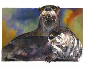 River Otters / Otter Watercolor Art / Limited Edition Double-matted GICLEE PRINT / Painting titled "Delta Otters"