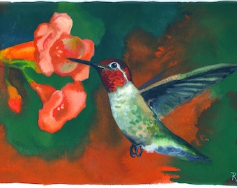 Anna's Hummingbird / Bird Watercolor Art / Limited Edition Double-matted GICLEE PRINT
