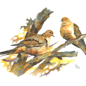 Mourning Doves / Bird Watercolor Art / Limited Edition Double-matted GICLEE PRINT / Painting titled "Autumn Mourning"