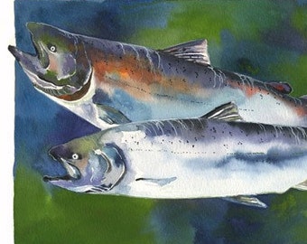 Chinook Salmon / Fish Gouache Art / Limited Edition Double-matted GICLEE PRINT / Painting titled "Kings of the West"