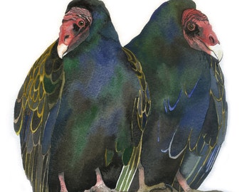 Turkey Vultures / Bird Watercolor Art / Limited Edition Double-matted GICLEE PRINT / Painting titled "Double Trouble"