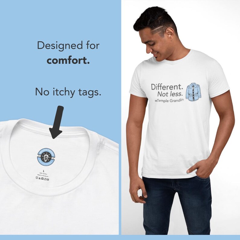 Pu&ograve; includere: Una t-shirt bianca con il testo Different. Not less. e un'illustrazione di una camicia azzurra con il nome Temple Grandin. L'interno del colletto mostra un logo circolare stampato con l'icona di una lampadina e nessuna etichetta.