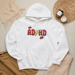 ADHD Hoodie, Retro Hard Rock Parody Sweatshirt, ADHD Awareness Month Gift, Neurodivergent Lightning Bolt Unisex Hooded Sweatshirt Bild 1