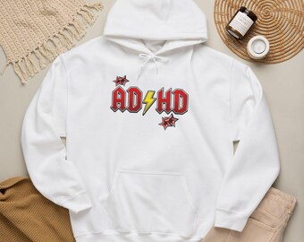 ADHD Hoodie, Retro Hard Rock Parody Sweatshirt, ADHD Awareness Month Gift, Neurodivergent Lightning Bolt Unisex Hooded Sweatshirt