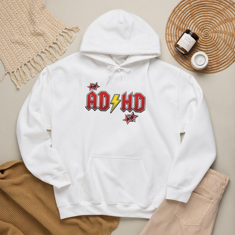 ADHD Hoodie, Retro Hard Rock Parody Sweatshirt, ADHD Awareness Month Gift, Neurodivergent Lightning Bolt Unisex Hooded Sweatshirt Bild 1