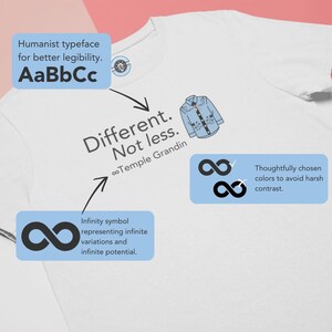 Pu&ograve; includere: Una t-shirt bianca con un design grafico che riporta il testo Different. Not less. e il nome Temple Grandin. Il disegno include una piccola illustrazione di una camicia azzurra abbottonata e un simbolo dell'infinito in inchiostro grigio scuro.