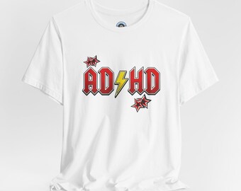 ADHD Shirt, Retro Hard Rock Parody Tee, ADHD Awareness Month Gift, Neurodivergent Lightning Bolt Classic Rock Unisex T-Shirt