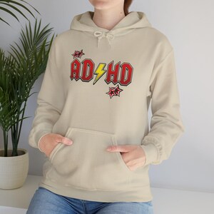 ADHD Hoodie, Retro Hard Rock Parody Sweatshirt, ADHD Awareness Month Gift, Neurodivergent Lightning Bolt Unisex Hooded Sweatshirt Bild 18