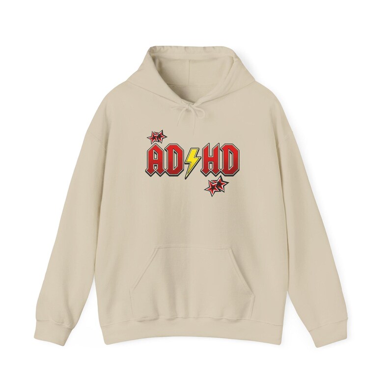 ADHD Hoodie, Retro Hard Rock Parody Sweatshirt, ADHD Awareness Month Gift, Neurodivergent Lightning Bolt Unisex Hooded Sweatshirt Bild 3