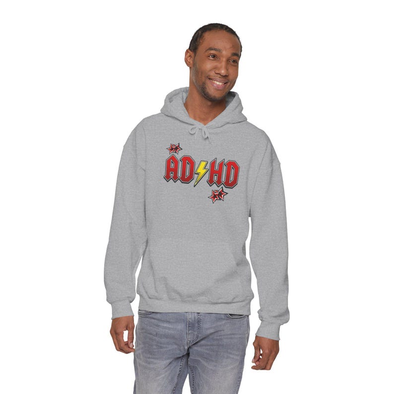 ADHD Hoodie, Retro Hard Rock Parody Sweatshirt, ADHD Awareness Month Gift, Neurodivergent Lightning Bolt Unisex Hooded Sweatshirt Bild 15