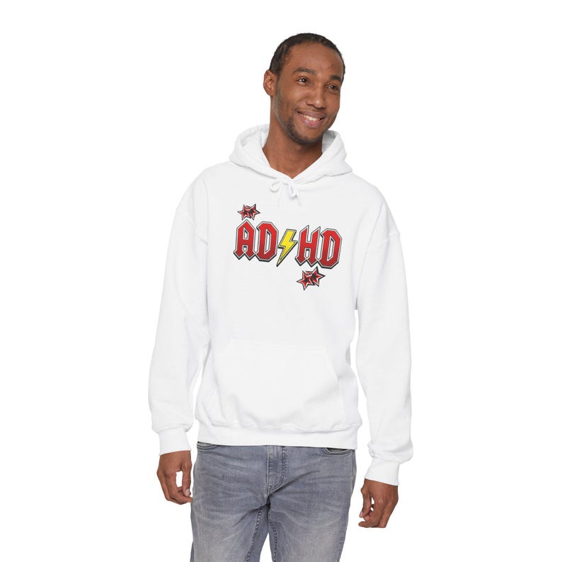 ADHD Hoodie, Retro Hard Rock Parody Sweatshirt, ADHD Awareness Month Gift, Neurodivergent Lightning Bolt Unisex Hooded Sweatshirt Bild 13
