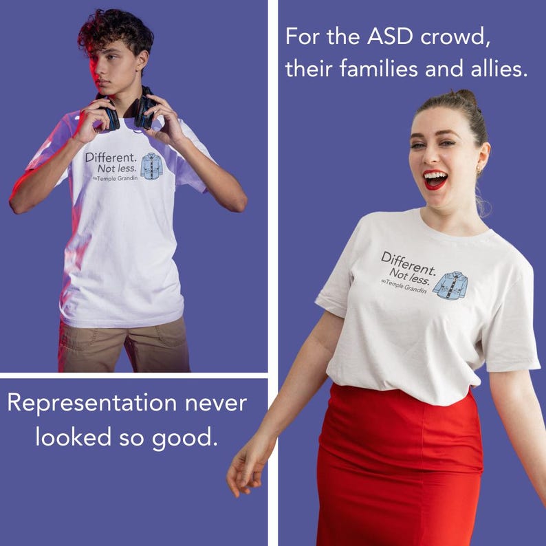 Pu&ograve; includere: Una t-shirt bianca a maniche corte con il testo Different. Not less. e una piccola grafica di una camicia blu abbottonata con il nome Temple Grandin stampato sotto. Il design &egrave; centrato sulla parte anteriore del capo.
