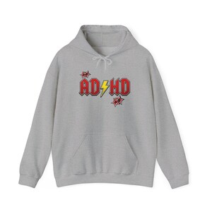 ADHD Hoodie, Retro Hard Rock Parody Sweatshirt, ADHD Awareness Month Gift, Neurodivergent Lightning Bolt Unisex Hooded Sweatshirt Bild 4