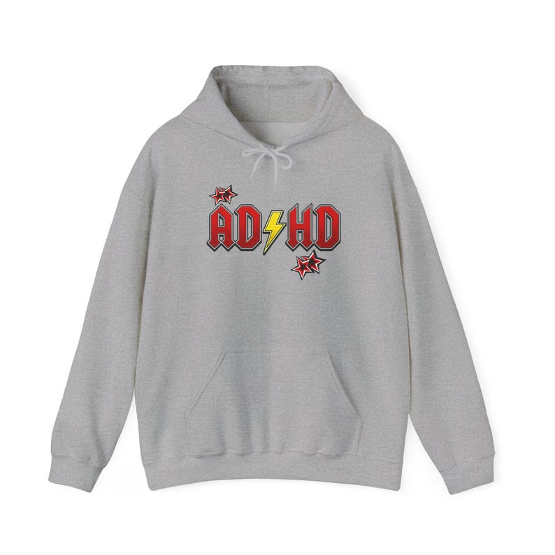 ADHD Hoodie, Retro Hard Rock Parody Sweatshirt, ADHD Awareness Month Gift, Neurodivergent Lightning Bolt Unisex Hooded Sweatshirt Bild 4