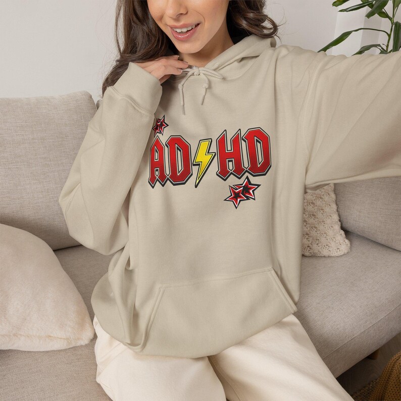 ADHD Hoodie, Retro Hard Rock Parody Sweatshirt, ADHD Awareness Month Gift, Neurodivergent Lightning Bolt Unisex Hooded Sweatshirt Bild 10