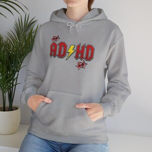 ADHD Hoodie, Retro Hard Rock Parody Sweatshirt, ADHD Awareness Month Gift, Neurodivergent Lightning Bolt Unisex Hooded Sweatshirt Bild 19