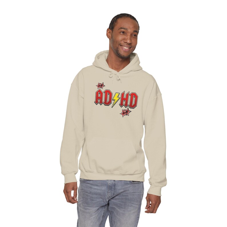 ADHD Hoodie, Retro Hard Rock Parody Sweatshirt, ADHD Awareness Month Gift, Neurodivergent Lightning Bolt Unisex Hooded Sweatshirt Bild 14